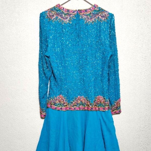 Adrianne Papell Turquoise Silk Pink & Gold Lavishly Beaded VTG 90s Evening Dress - Picture 8 of 12
